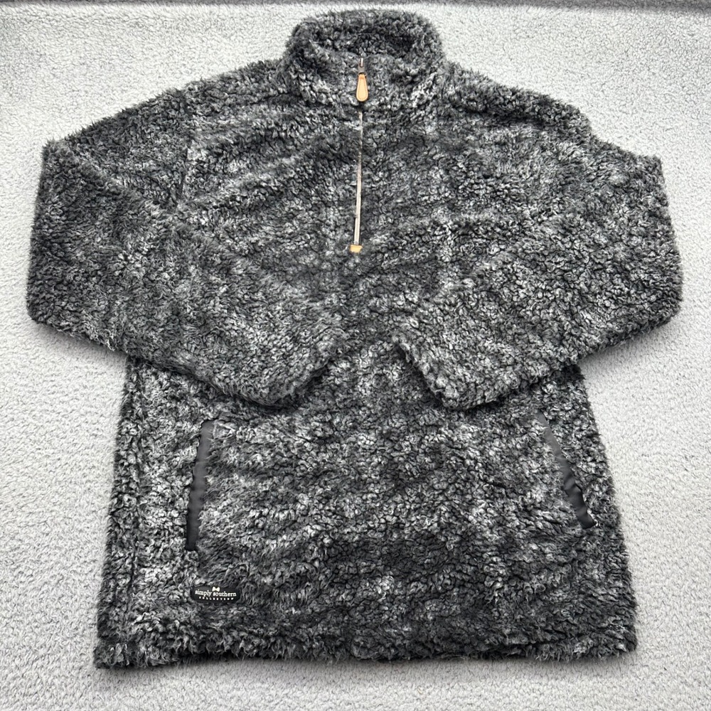 Simply Southern Womens Large Faux Fur Sherpa Fleece Charcoal 1/4 Zip Pullover